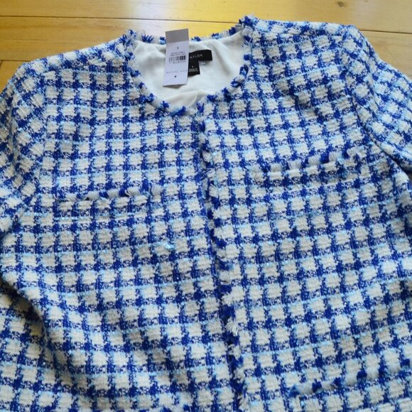Ann Taylor Women’s Cropped Fringe Tweed Jacket Blue white Sz 8 office preppy - Picture 3 of 14